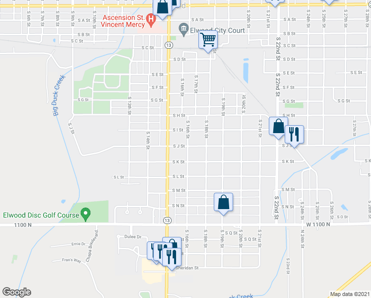 map of restaurants, bars, coffee shops, grocery stores, and more near 1535 South J Street in Elwood