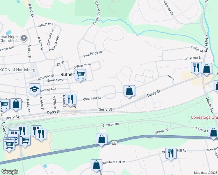 map of restaurants, bars, coffee shops, grocery stores, and more near 7249 Huntingdon Street in Harrisburg