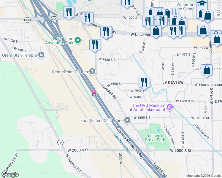 map of restaurants, bars, coffee shops, grocery stores, and more near 1611 Sandhill Road in Orem