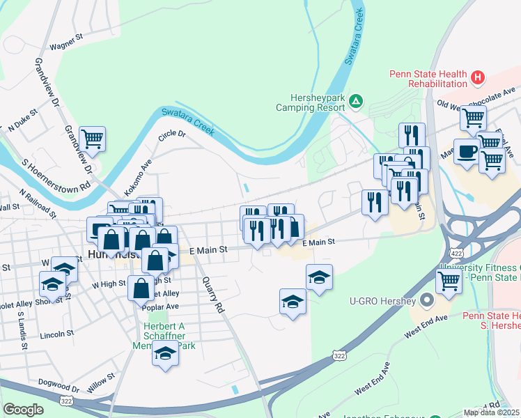 map of restaurants, bars, coffee shops, grocery stores, and more near 330 East 2nd Street in Hummelstown