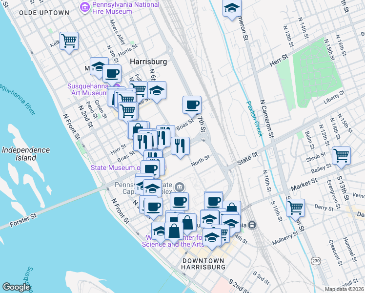 map of restaurants, bars, coffee shops, grocery stores, and more near in Harrisburg