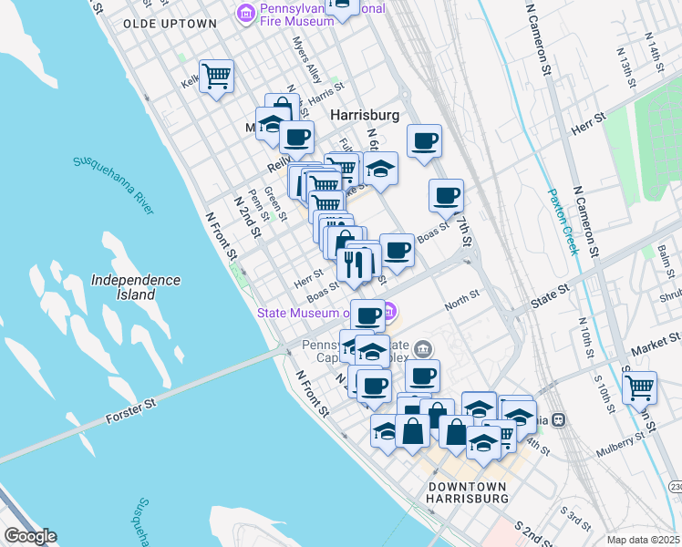 map of restaurants, bars, coffee shops, grocery stores, and more near 259 Herr Street in Harrisburg