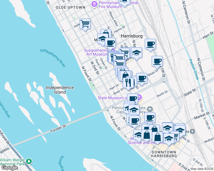 map of restaurants, bars, coffee shops, grocery stores, and more near 1110 Penn Street in Harrisburg