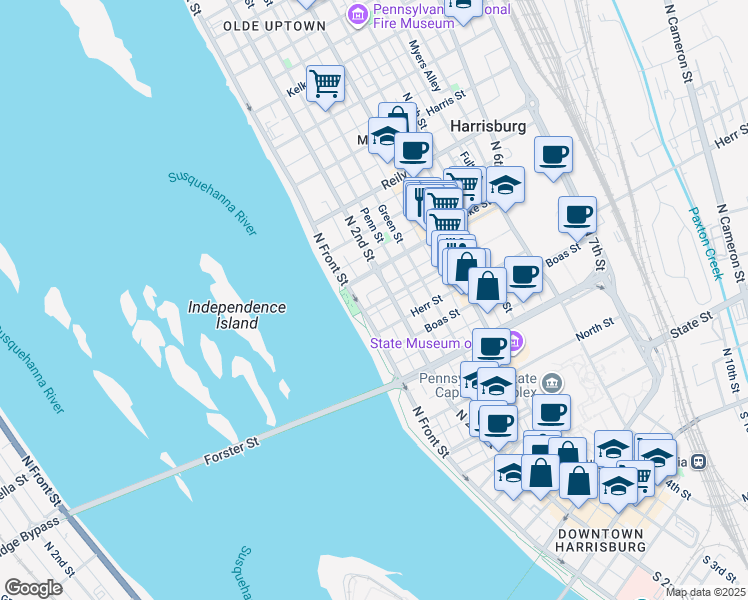 map of restaurants, bars, coffee shops, grocery stores, and more near 116 Cumberland Street in Harrisburg