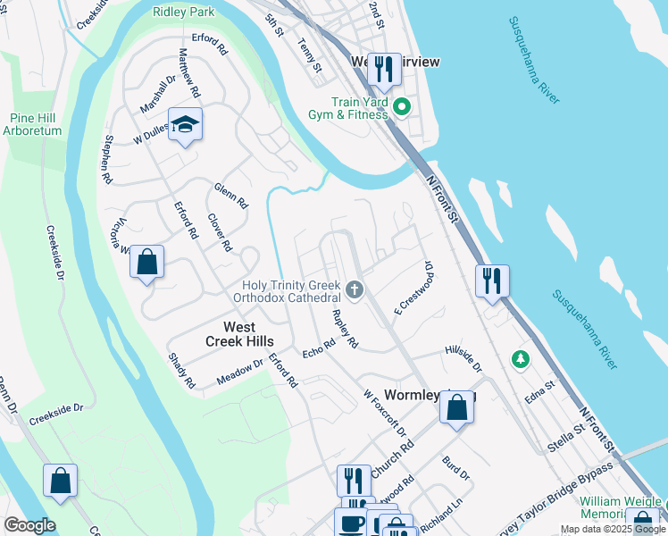 map of restaurants, bars, coffee shops, grocery stores, and more near 1001 Rupley Road in Camp Hill