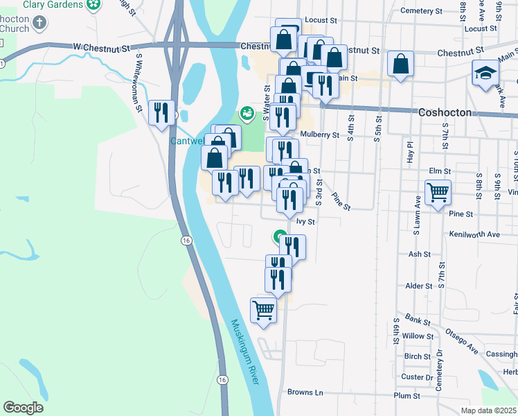 map of restaurants, bars, coffee shops, grocery stores, and more near 85 Pine Street in Coshocton