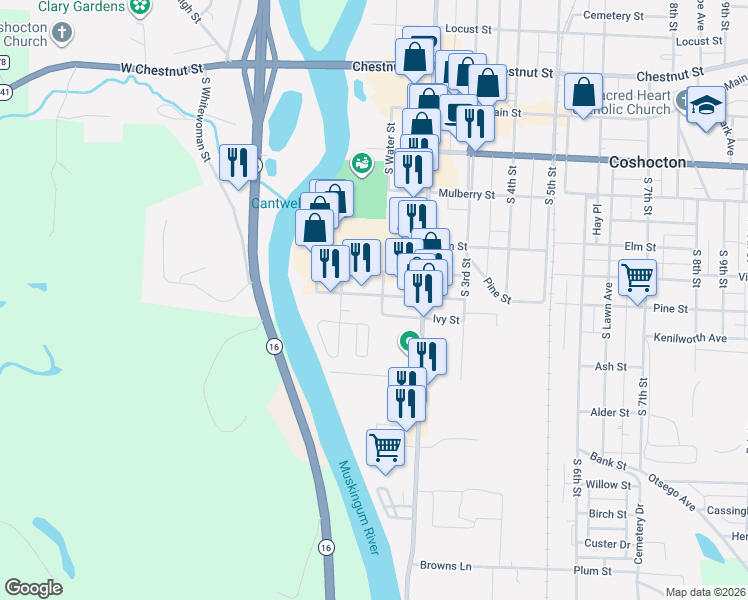 map of restaurants, bars, coffee shops, grocery stores, and more near 85 Pine Street in Coshocton