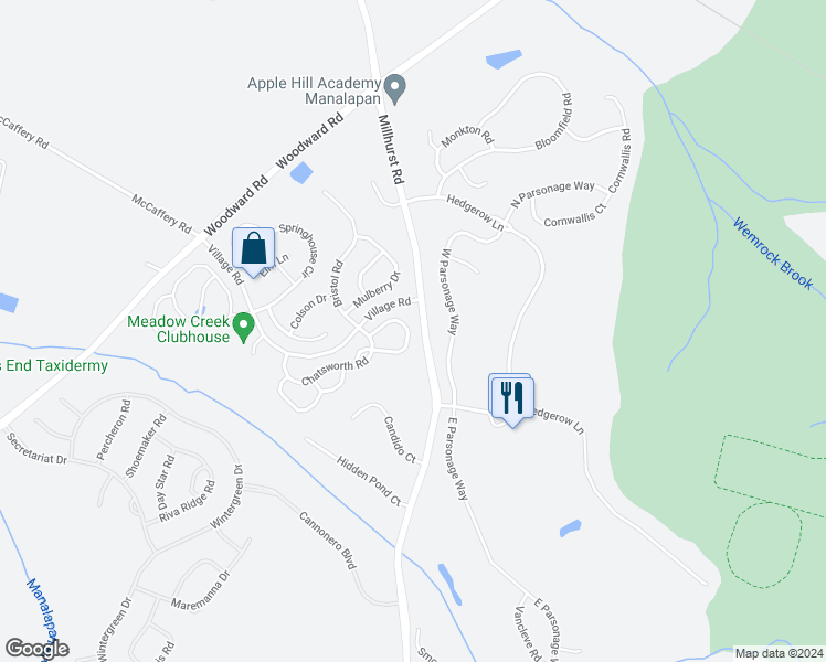 map of restaurants, bars, coffee shops, grocery stores, and more near 60 Demarest Drive in Manalapan Township