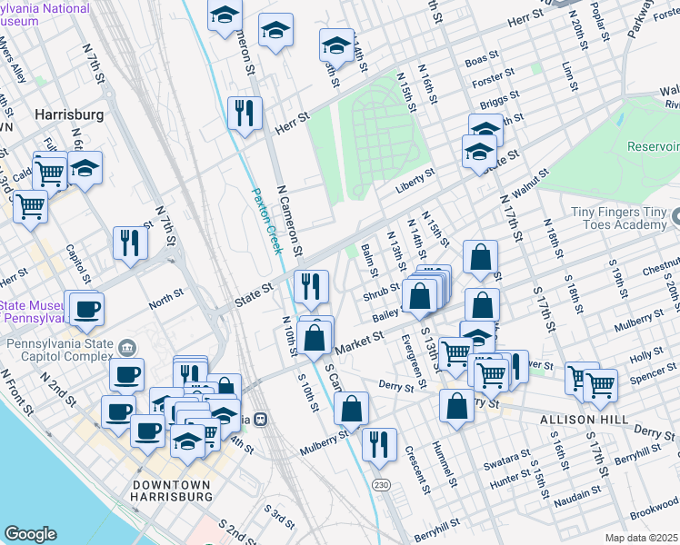 map of restaurants, bars, coffee shops, grocery stores, and more near 135 Royal Terrace in Harrisburg