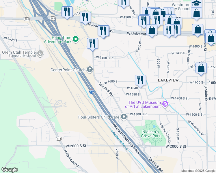 map of restaurants, bars, coffee shops, grocery stores, and more near 1611 Sandhill Road in Orem