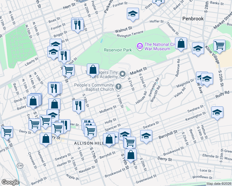 map of restaurants, bars, coffee shops, grocery stores, and more near 1961 Chestnut Street in Harrisburg