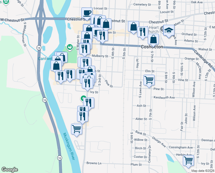 map of restaurants, bars, coffee shops, grocery stores, and more near 453 South 4th Street in Coshocton