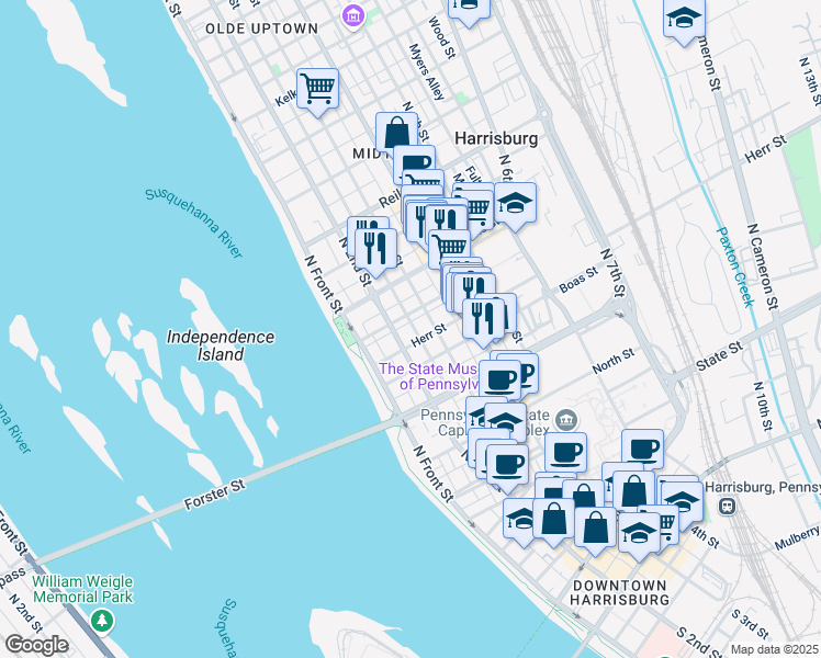 map of restaurants, bars, coffee shops, grocery stores, and more near 1110 Penn Street in Harrisburg