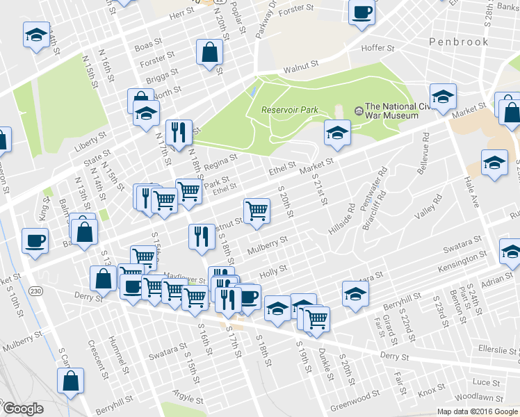map of restaurants, bars, coffee shops, grocery stores, and more near 1912 Chestnut Street in Harrisburg