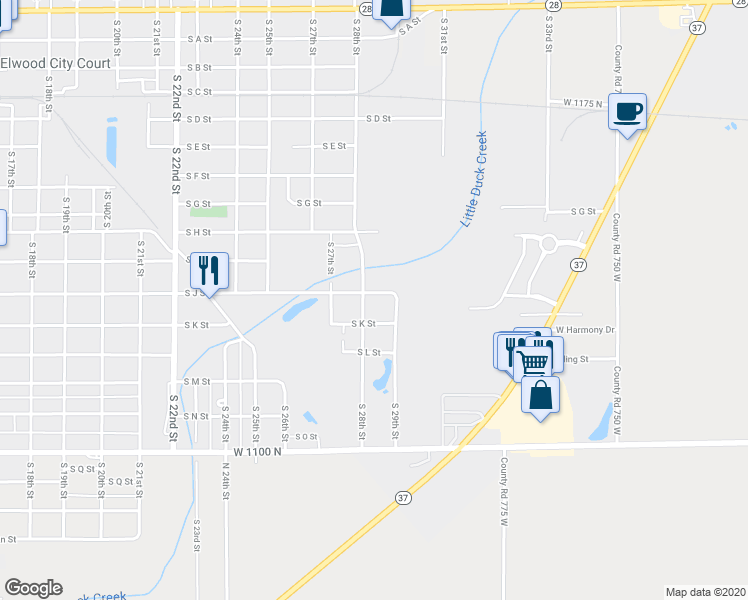 map of restaurants, bars, coffee shops, grocery stores, and more near 2813 South J Street in Elwood