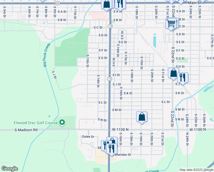 map of restaurants, bars, coffee shops, grocery stores, and more near 1102 South Anderson Street in Elwood