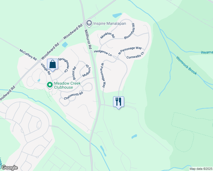 map of restaurants, bars, coffee shops, grocery stores, and more near 29 West Parsonage Way in Manalapan Township