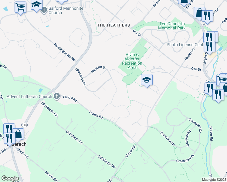 map of restaurants, bars, coffee shops, grocery stores, and more near 381 Landis Road in Harleysville
