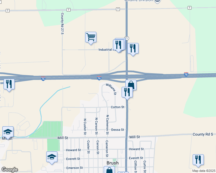map of restaurants, bars, coffee shops, grocery stores, and more near 1046 Williams Street in Brush