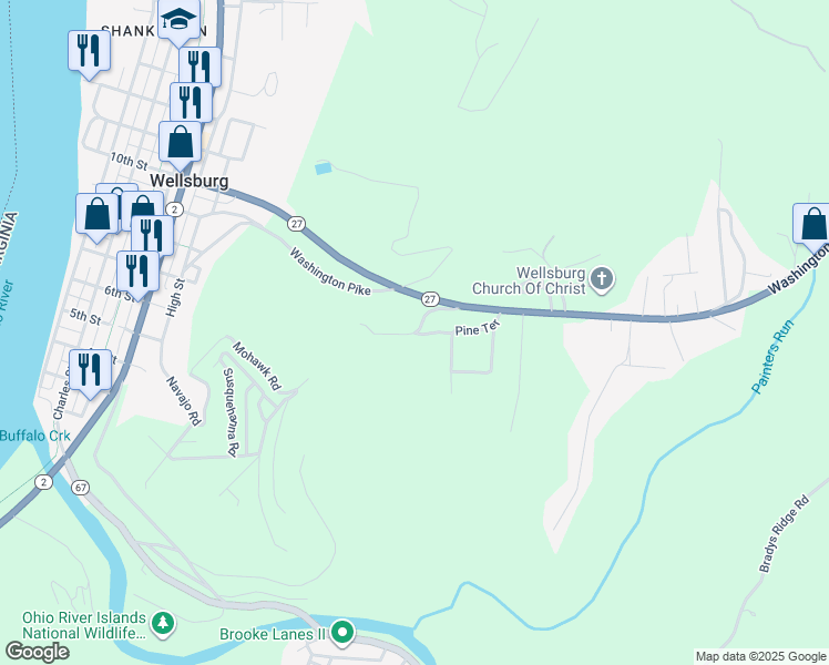 map of restaurants, bars, coffee shops, grocery stores, and more near Logan Road in Wellsburg