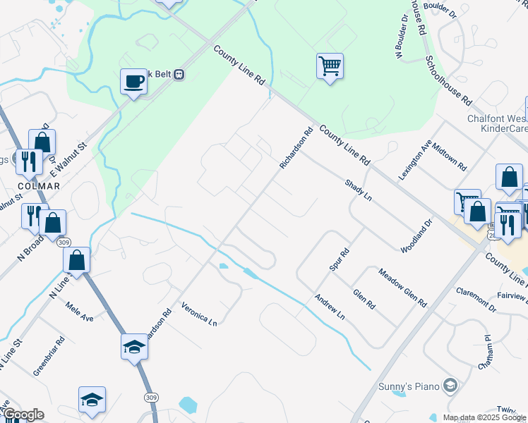 map of restaurants, bars, coffee shops, grocery stores, and more near 103 Lea Dr in Lansdale