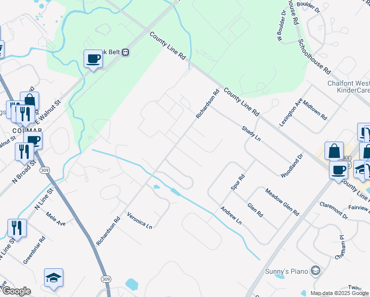 map of restaurants, bars, coffee shops, grocery stores, and more near 103 Lea Dr in Lansdale