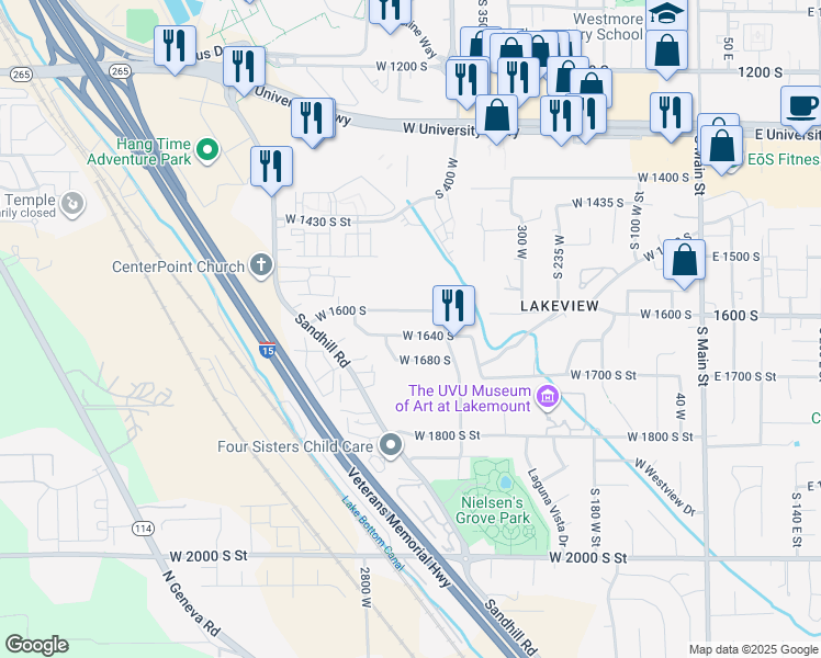 map of restaurants, bars, coffee shops, grocery stores, and more near 458 West 1640 South in Orem