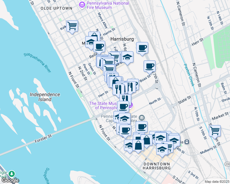 map of restaurants, bars, coffee shops, grocery stores, and more near 1004 North 3rd Street in Harrisburg