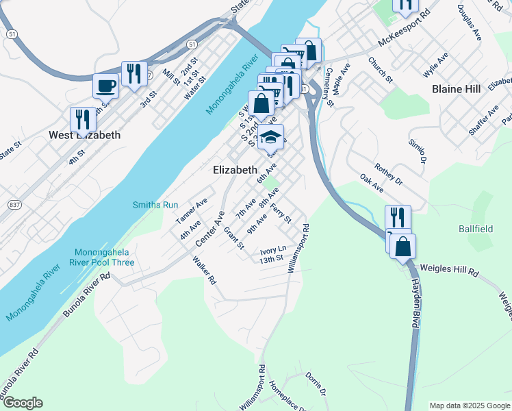 map of restaurants, bars, coffee shops, grocery stores, and more near 715 7th Ave in Elizabeth