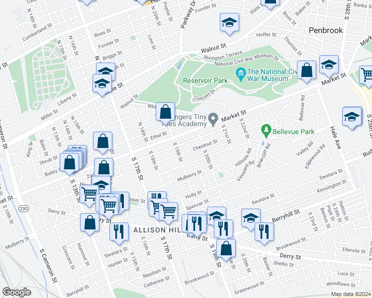 map of restaurants, bars, coffee shops, grocery stores, and more near 1918 Chestnut Street in Harrisburg