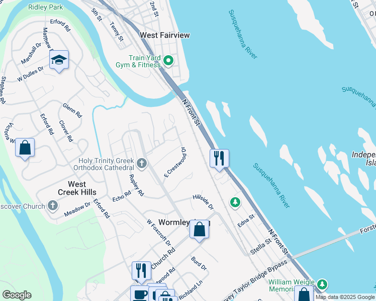 map of restaurants, bars, coffee shops, grocery stores, and more near 317 East Crestwood Drive in Camp Hill