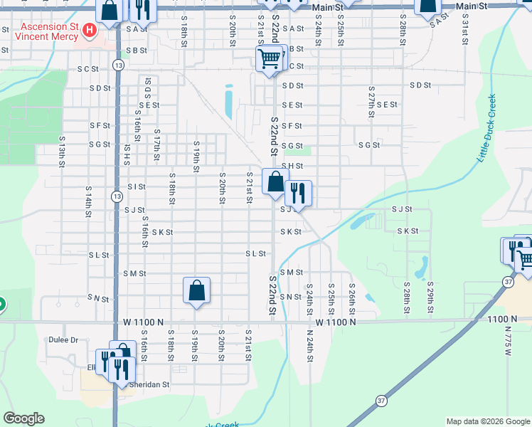 map of restaurants, bars, coffee shops, grocery stores, and more near 2121 South J Street in Elwood