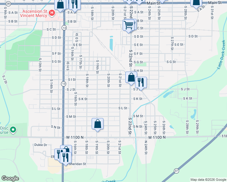 map of restaurants, bars, coffee shops, grocery stores, and more near 2021 South J Street in Elwood