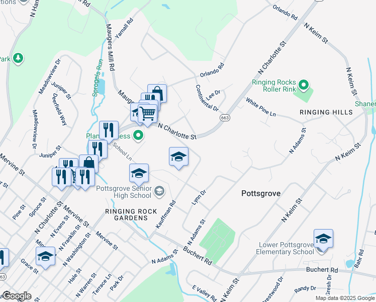 map of restaurants, bars, coffee shops, grocery stores, and more near 1525 Kauffman Rd in Pottstown