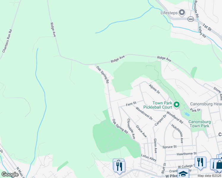 map of restaurants, bars, coffee shops, grocery stores, and more near 404 Oak Spring Road in Canonsburg