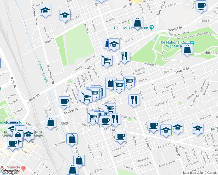 map of restaurants, bars, coffee shops, grocery stores, and more near 34 North 15th Street in Harrisburg