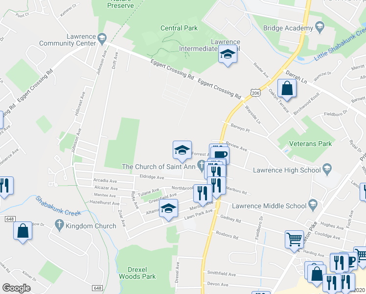 map of restaurants, bars, coffee shops, grocery stores, and more near 10 Rossa Avenue in Lawrence Township