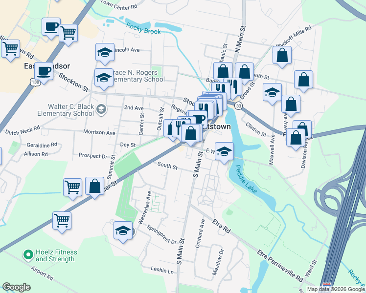 map of restaurants, bars, coffee shops, grocery stores, and more near 145 West Ward Street in Hightstown