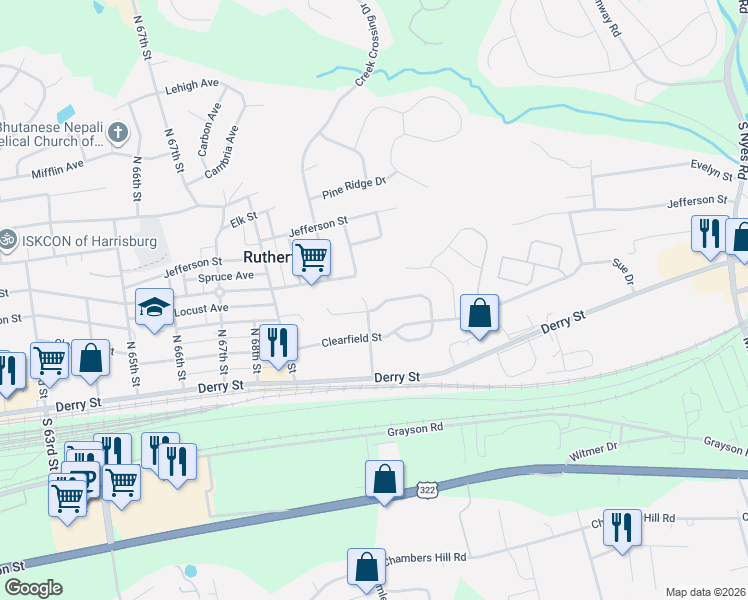 map of restaurants, bars, coffee shops, grocery stores, and more near 7206 Huntingdon Street in Harrisburg