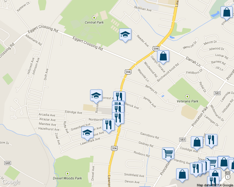 map of restaurants, bars, coffee shops, grocery stores, and more near 1361 Lawrenceville Road in Lawrence Township