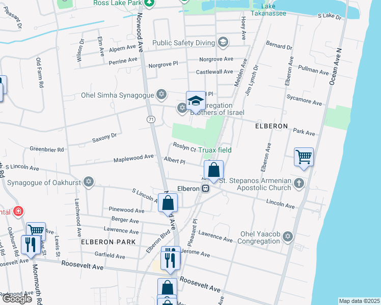 map of restaurants, bars, coffee shops, grocery stores, and more near 47 Roslyn Court in Long Branch