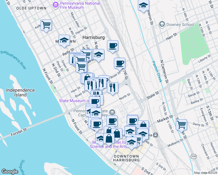 map of restaurants, bars, coffee shops, grocery stores, and more near 636 Forster Street in Harrisburg