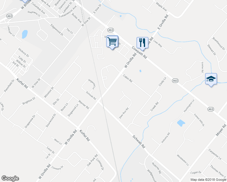 map of restaurants, bars, coffee shops, grocery stores, and more near 1149 West Orvilla Road in Hatfield