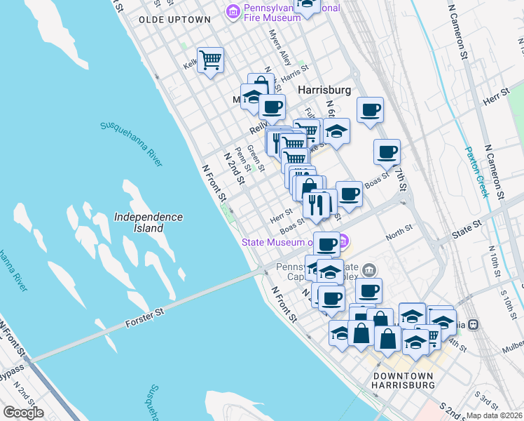 map of restaurants, bars, coffee shops, grocery stores, and more near 1117 North 2nd Street in Harrisburg