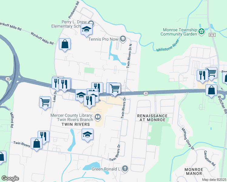 map of restaurants, bars, coffee shops, grocery stores, and more near 681 New Jersey 33 in East Windsor