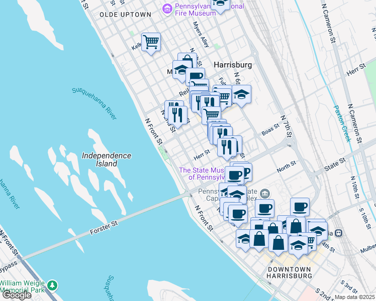 map of restaurants, bars, coffee shops, grocery stores, and more near 1117 North 2nd Street in Harrisburg
