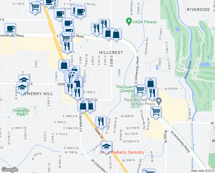 map of restaurants, bars, coffee shops, grocery stores, and more near 782 1600 south in Orem