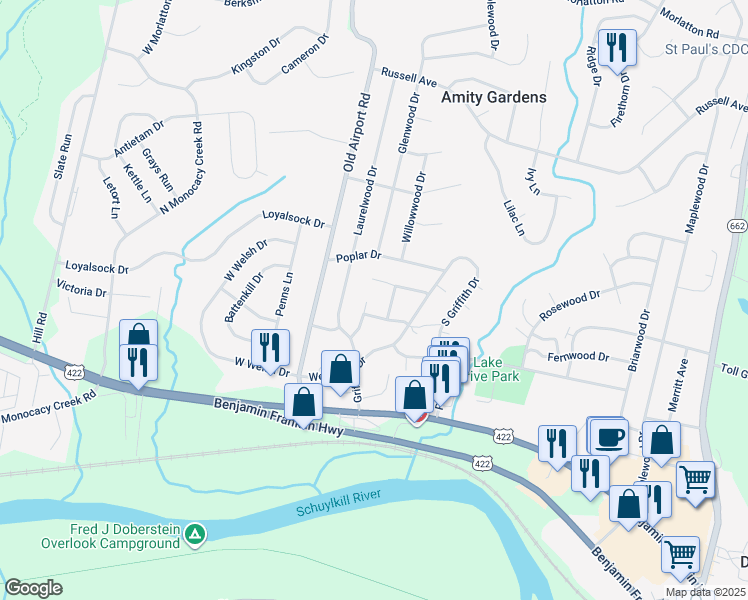 map of restaurants, bars, coffee shops, grocery stores, and more near 3 Elliott Court in Douglassville