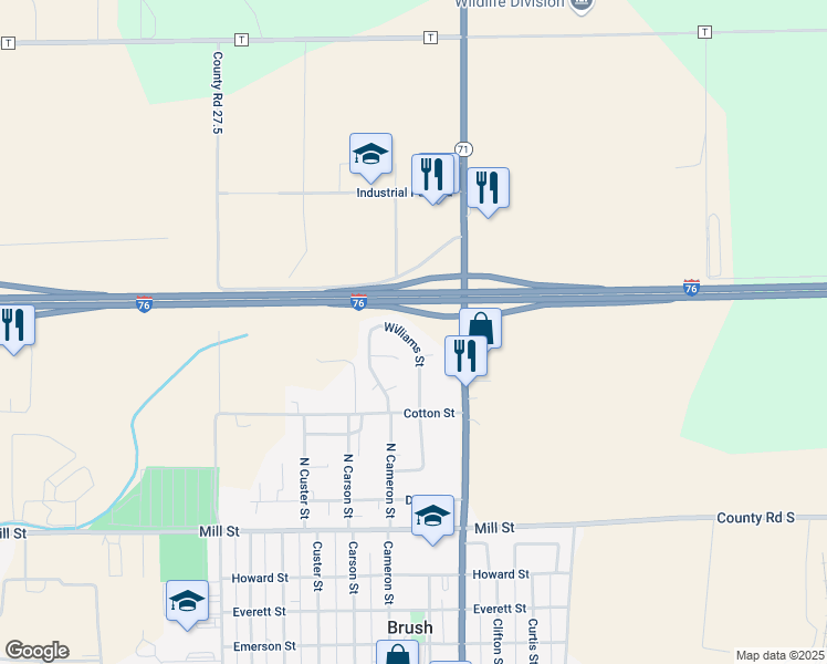 map of restaurants, bars, coffee shops, grocery stores, and more near 1037 Williams Street in Brush