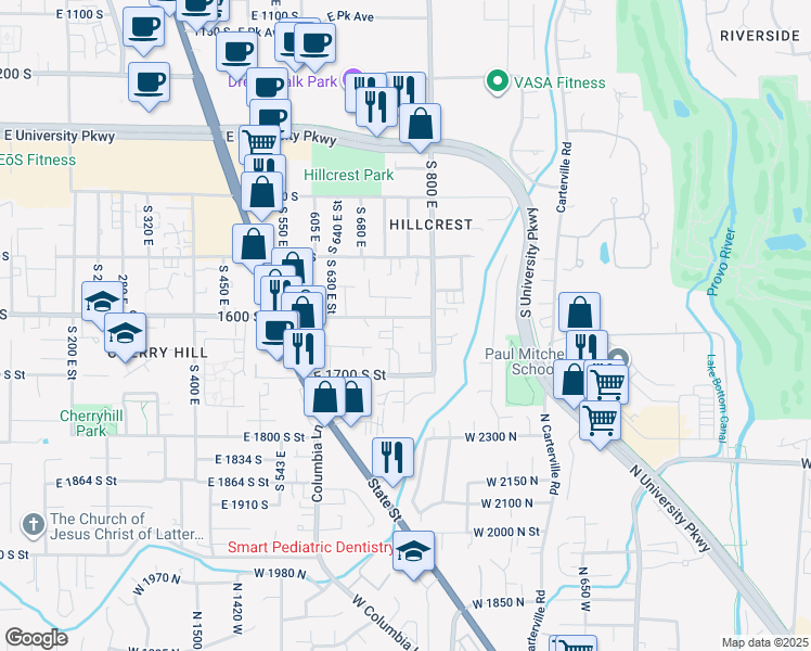 map of restaurants, bars, coffee shops, grocery stores, and more near 782 1600 south in Orem
